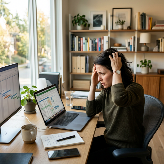 Stressed professional looking at bank statement
